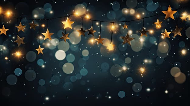 Star golden garland hanging on a blurry bokeh background. Generative AI design