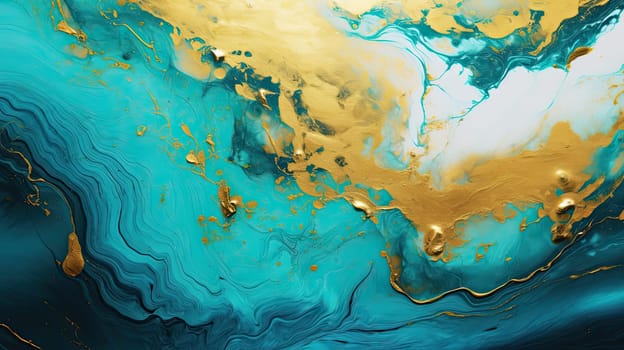 Abstract turquoise golden grunge marble liquid background. Generative AI design