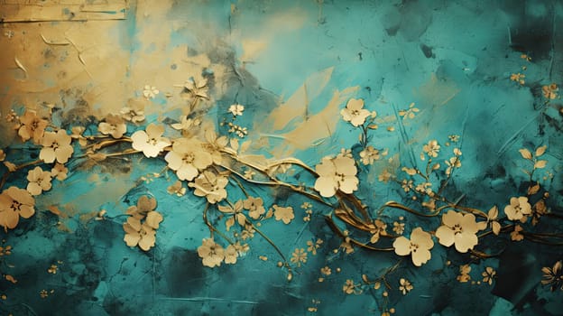 Golden flowers on painted grunge background. Generative AI design
