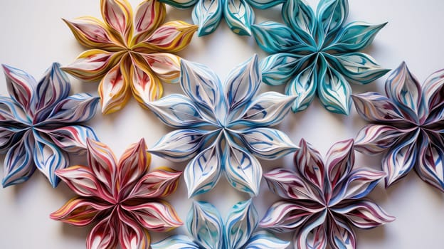 Colorful liquid marbled winter snowflakes abstract background. Generative AI design