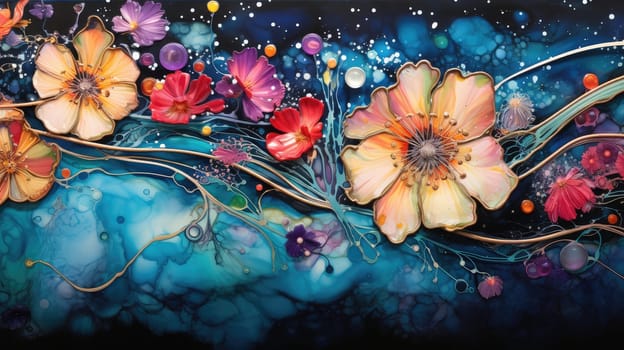 Colorful ink paint liquid flowers abstract background. Generative AI design