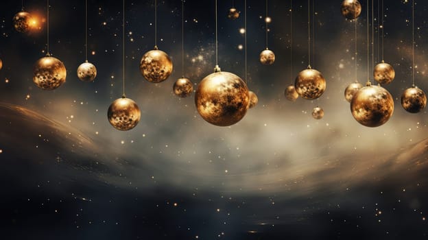 Luxury golden Christmas balls on celestial nebula background. Generative AI design