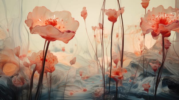 Red ink paint liquid flowers abstract background. Generative AI design