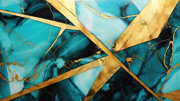 Abstract turquoise golden grunge marble geometric background. Generative AI design