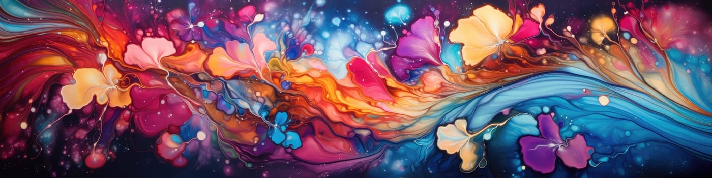 Colorful ink paint liquid flowers abstract background. Generative AI banner design