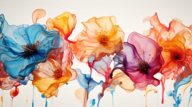 Colorful ink paint liquid flowers abstract background. Generative AI design