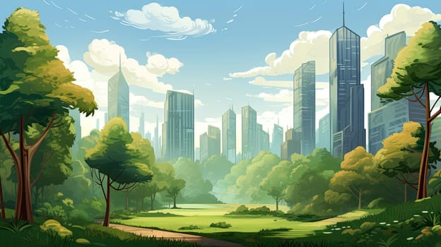 View from the green forest to the modern megapolis. Generative AI design