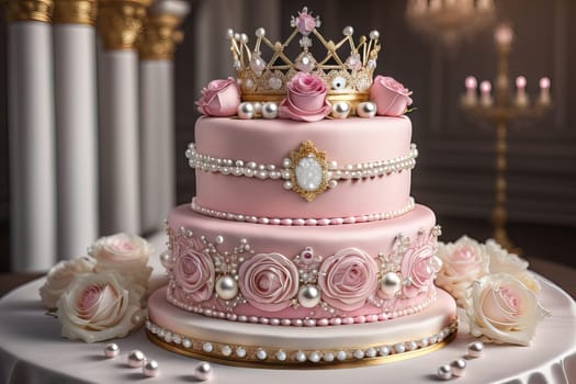 Wedding cake decorated with pink roses and gold crown on the table. ai generative