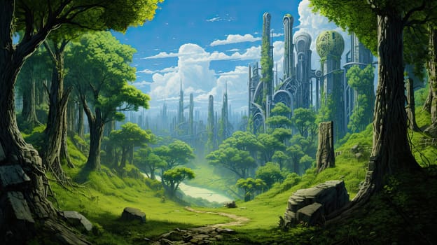 View from the green forest to the modern megapolis. Generative AI design
