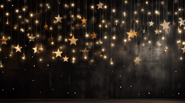 Garland with golden stars blurry bokeh on grunge wall background. Generative AI design