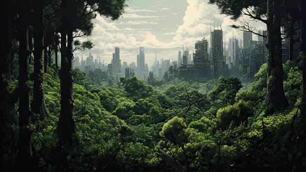View from the green forest to the modern megapolis. Generative AI design