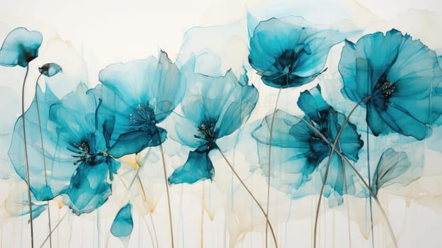 Blue ink paint liquid flowers abstract background. Generative AI design