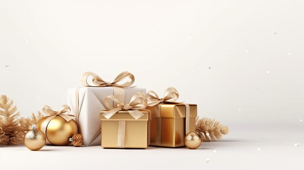 New Year and Christmas background with golden gift boxes. Generative AI design