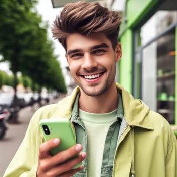 happy young attractive fashionable man wearing lime wedge colored clothes using a phone in a color coordinated street generative ai