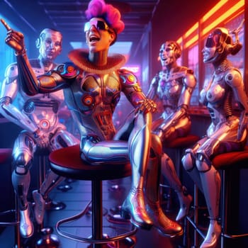 3d art of comical drunk happy flamboyant futuristic robot in a bar generative ai