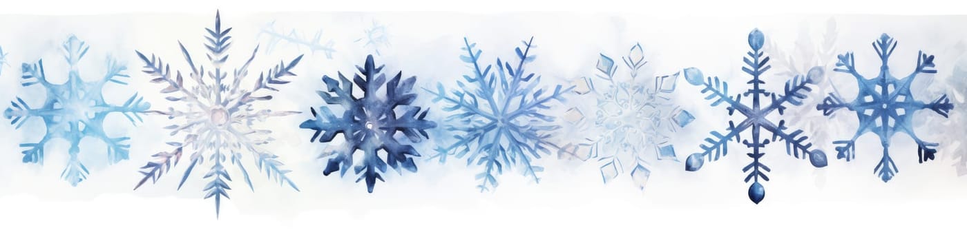 Watercolor painted winter snowflakes banner. Generative AI design