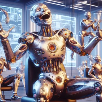 3d art of happy loud and flamboyant comical futuristic robot in lab generative ai