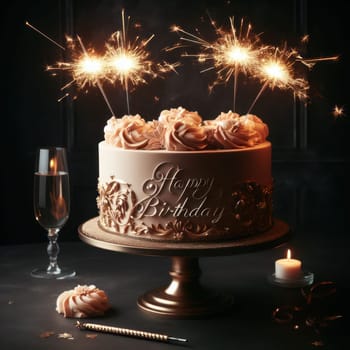 beautiful delicious and luxurious happy birthday cake with sparkler candles