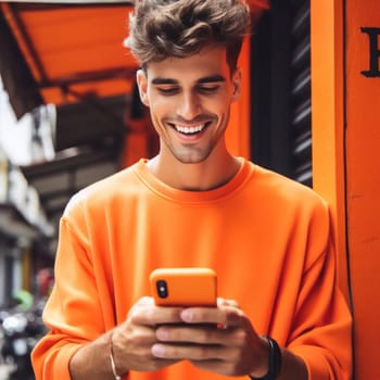 happy young attractive fashionable man wearing orange clothes  using a phone in a color coordinated street generative ai