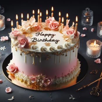 beautiful delicious and luxurious happy birthday cake with candles