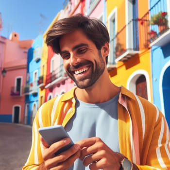 happy young attractive fashionable man wearing color using a phone in a color coordinated street generative ai