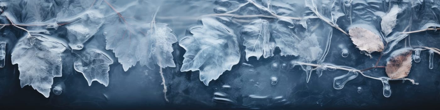Winter background with frozen leaves. Generative AI banner design