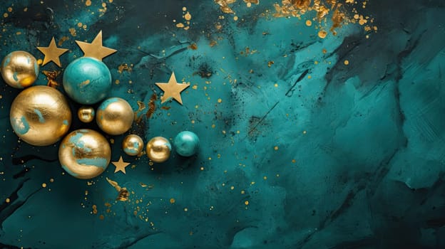 Golden stars and Christmas balls on watercolor grunge background. Generative AI design