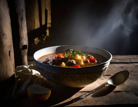 simple bowl of delicious soup or stew on an old wooden table in rustic setting generative ai