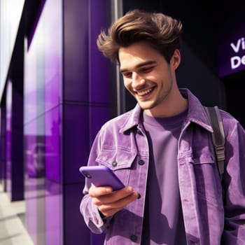 happy young attractive fashionable man wearing purple voilet haze clothes using a phone in a color coordinated street generative ai
