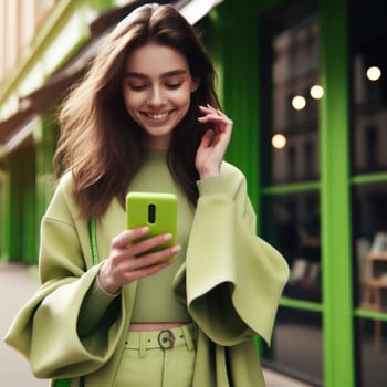 happy young attractive fashionable woman wearing lime wedge colored clothes using a phone in a color coordinated street generative ai