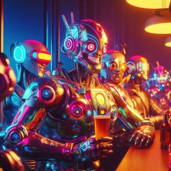 3d art of comical drunk happy flamboyant futuristic robot in a bar generative ai