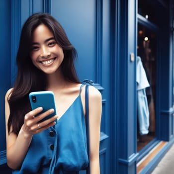 happy young attractive fashionable asian woman wearing cerulean blue clothes using a phone in a color coordinated street generative ai