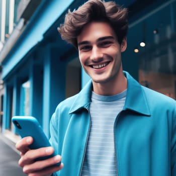 happy young attractive fashionable man wearing cerulean blue clothes using a phone in a color coordinated street generative ai