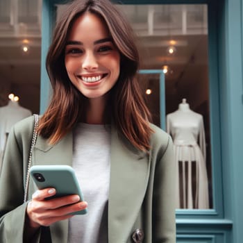happy young attractive fashionable woman wearing ash green colored clothes using a phone in a color coordinated street generative ai