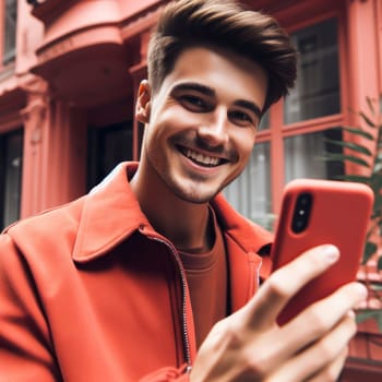 happy young attractive fashionable man wearing burnt coral colored clothes  using a phone in a color coordinated street generative ai