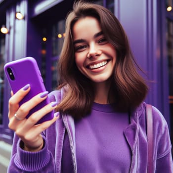 happy young attractive fashionable woman wearing purple voilet haze clothes using a phone in a color coordinated street generative ai