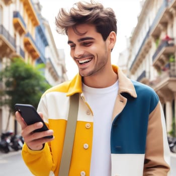 happy young attractive fashionable man wearing colorful clothes using a phone in a color coordinated street generative ai