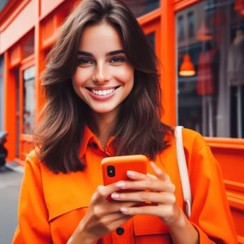happy young attractive fashionable woman wearing orange clothes using a phone in a color coordinated street generative ai