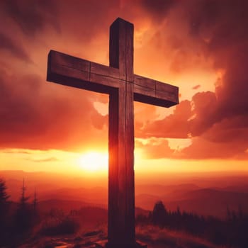 christian cross standing strong and proud before a beautiful sunset or sunrise landscape generative ai