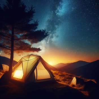 camping in a tent at night under the beautiful starry sky generative ai