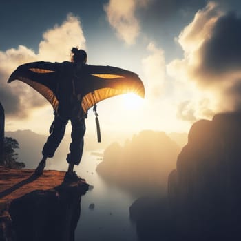 person about to make the big leap and base jump off a cliff with a wingsuit generative ai