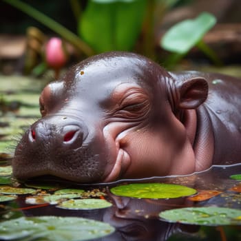 cute and gorgeous baby hippo sleeping in the river generative ai