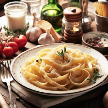 delicious italian fettucine alfredo on rustic table generative ai