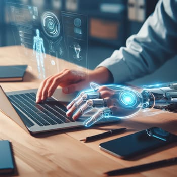 closeup of person typing on keyboard with a futuristic enhanced robotic arm in the office generative ai