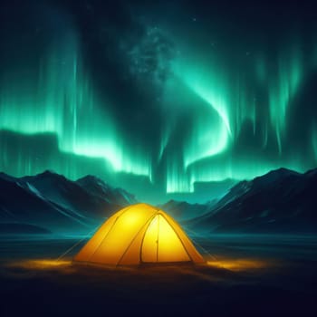 camping at night under the northern lights aurora borealis generative ai