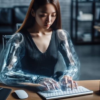 woman using an futuristic enhanced robotic cybernetics arm in the office generative ai