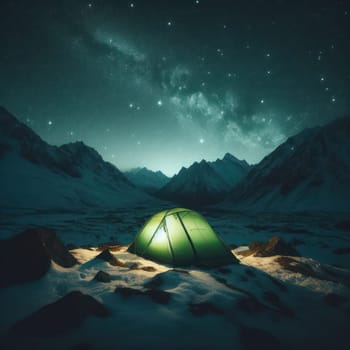 camping in a tent in a snowy landscape under a beautiful starry sky generative ai