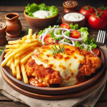 delicious chicken parmigiana schnitzel served with fries and salad generative ai