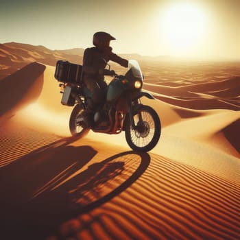 adventure travel ride a motorbike through a great sandy desert with rolling dunes generative ai