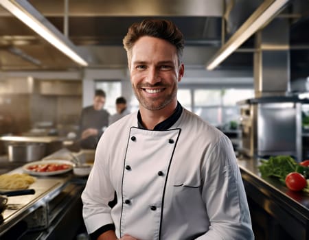 head chef is proud of his large restaurant kitchen generative ai